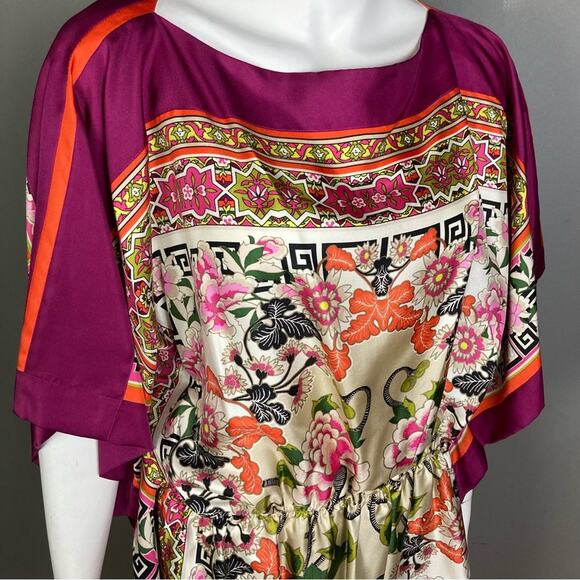 Josie Natori Kaftan dress tunic L / XL silk pattern luxury butterfly pink Asian - Picture 11 of 12